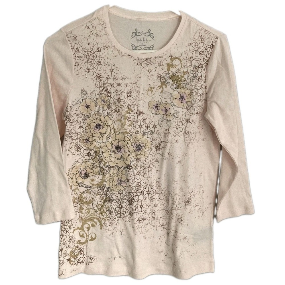 Nicole Miller Shirt Womens S Pink Floral Graphic Embellished 3/4 Sleeve Top